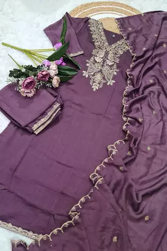 Wine embroidered vichitra kurta set with dupatta & pant