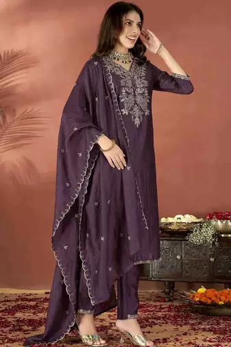 Wine embroidered vichitra kurta set with dupatta & pant