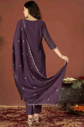 Wine embroidered vichitra kurta set with dupatta & pant