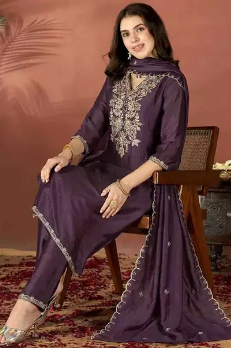 Wine embroidered vichitra kurta set with dupatta & pant