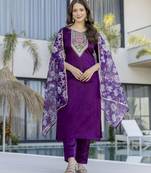 Purple embroidered chanderi cotton kurta set with dupatta & pant