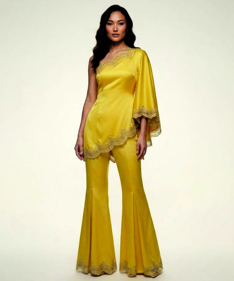 Yellow embroidered satin co ord set