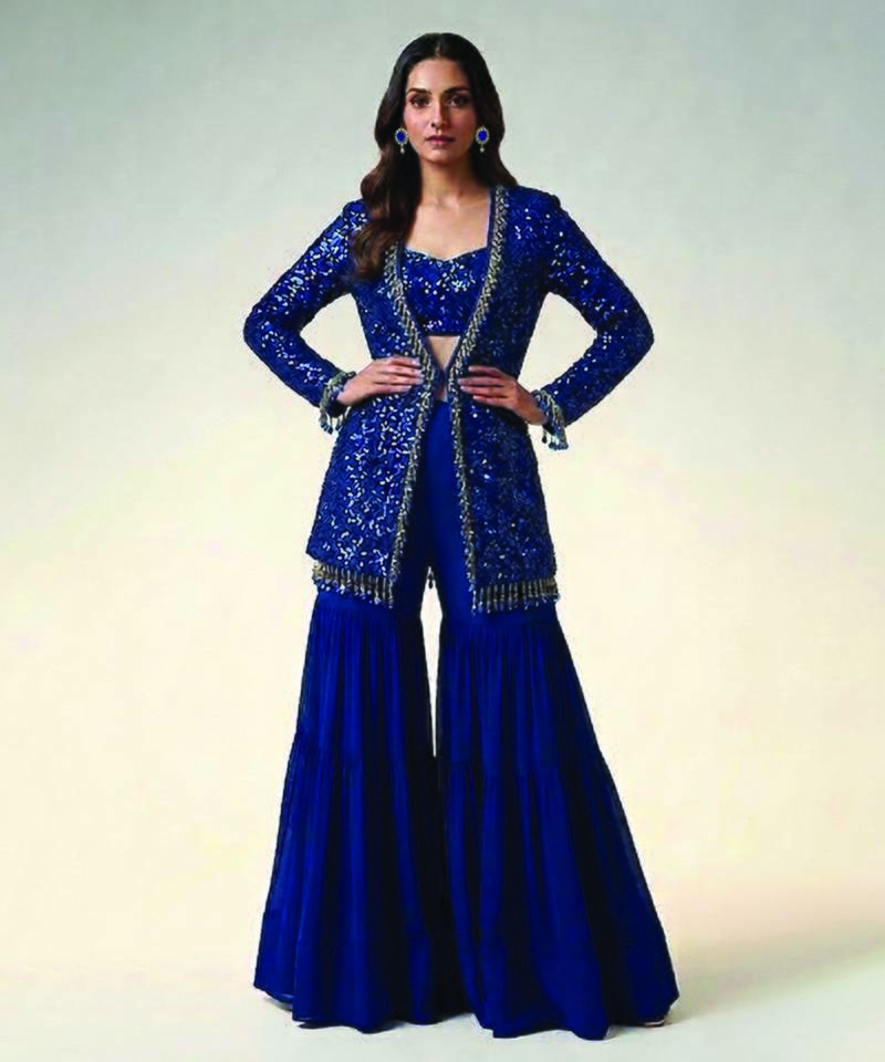 Royal blue embroidered georgette indowestern sharara set