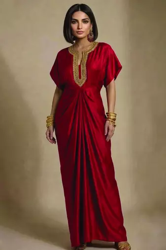 Ruby red embroidered raw silk kaftan