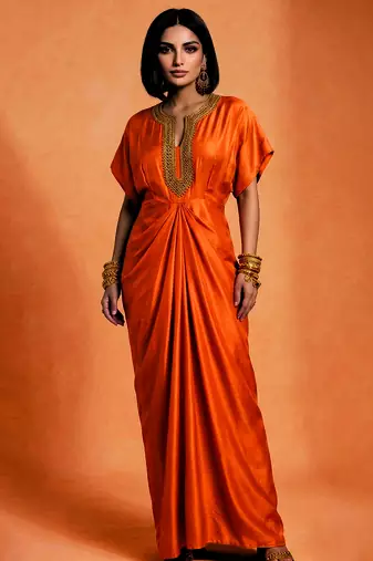 Orange embroidered raw silk kaftan