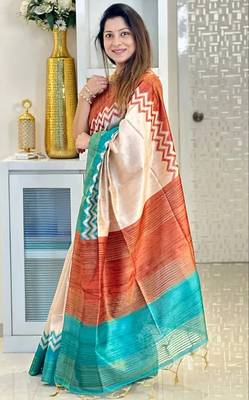 Soft tussar silk sarees with beautiful digital print attractive checks design saree  with tassels 2