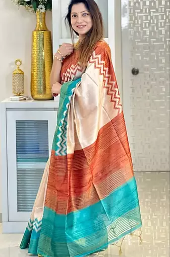 Soft tussar silk sarees with beautiful digital print attractive checks design saree  with tassels