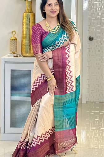 Soft tussar silk sarees with beautiful digital print attractive checks design saree  with tassels