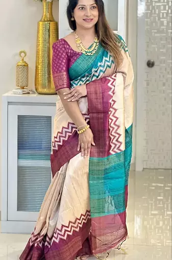 Soft tussar silk sarees with beautiful digital print attractive checks design saree  with tassels