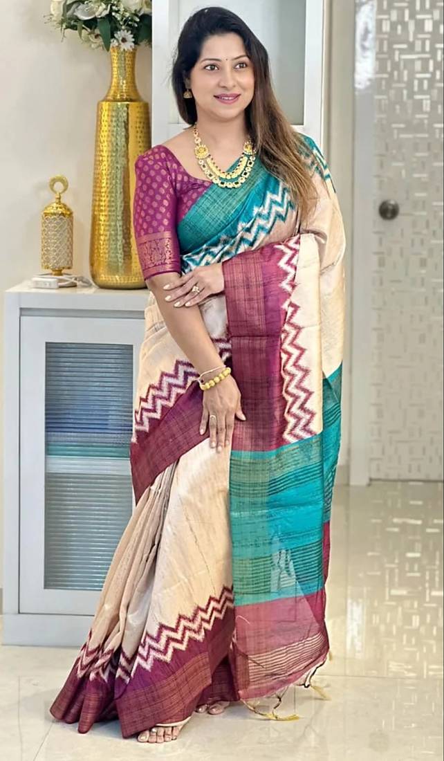 Soft tussar silk sarees with beautiful digital print attractive checks design saree  with tassels