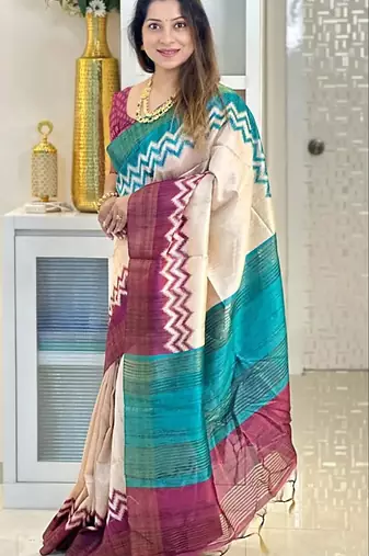 Soft tussar silk sarees with beautiful digital print attractive checks design saree  with tassels