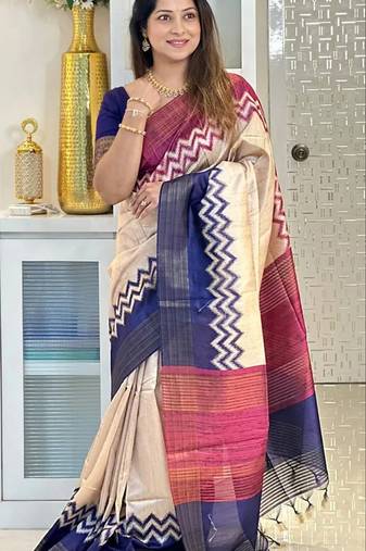 Soft tussar silk sarees with beautiful digital print attractive checks design saree  with tassels