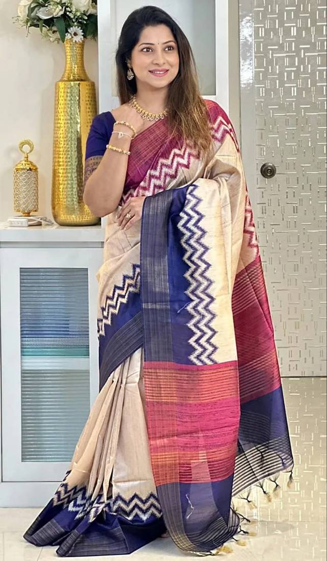 Soft tussar silk sarees with beautiful digital print attractive checks design saree  with tassels