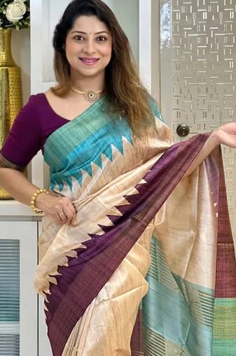 Soft tussar silk sarees with beautiful digital print attractive checks design saree  with tassels