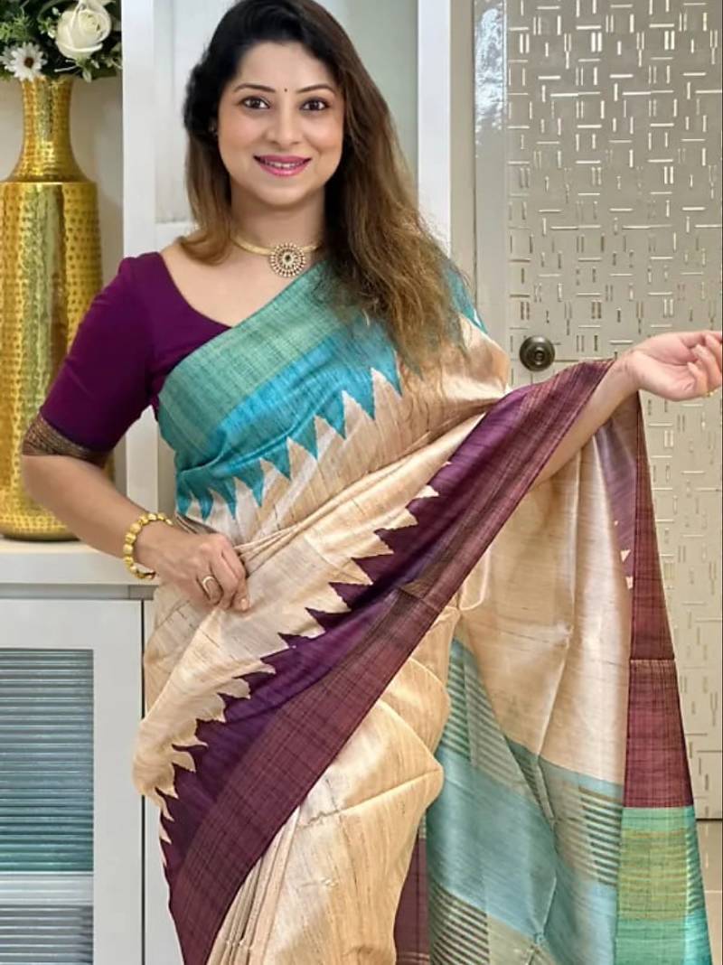 Soft tussar silk sarees with beautiful digital print attractive checks design saree  with tassels