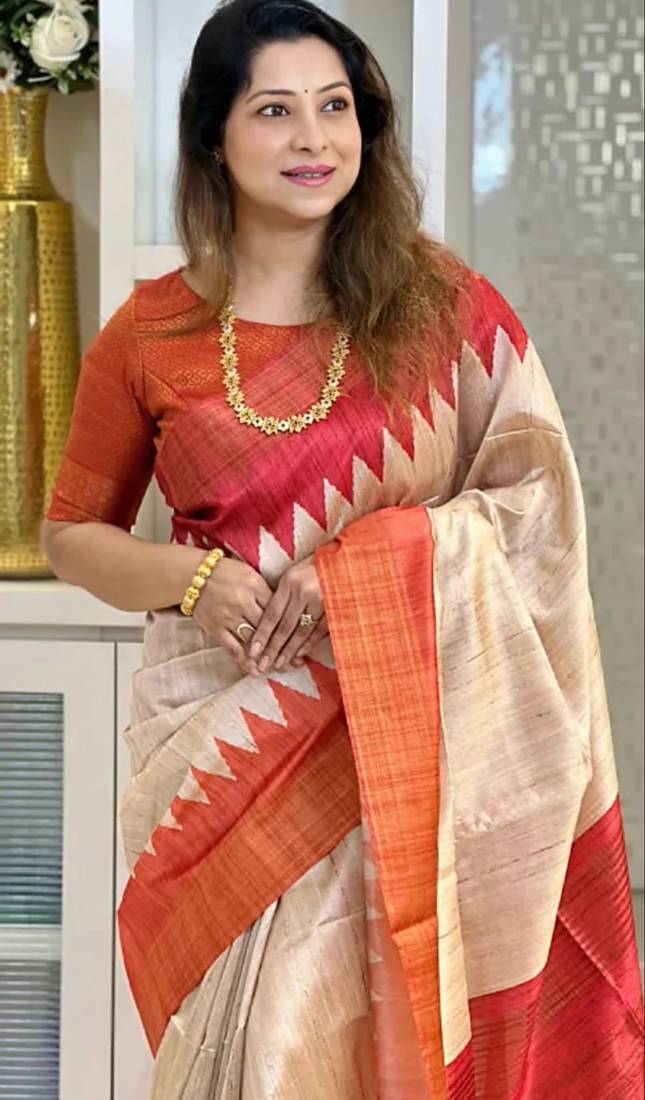 Soft tussar silk sarees with beautiful digital print attractive checks design saree  with tassels