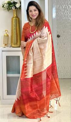 Soft tussar silk sarees with beautiful digital print attractive checks design saree  with tassels 3