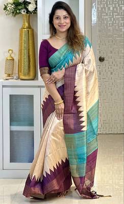 Soft tussar silk sarees with beautiful digital print attractive checks design saree  with tassels 3