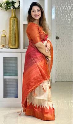 Soft tussar silk sarees with beautiful digital print attractive checks design saree  with tassels 4