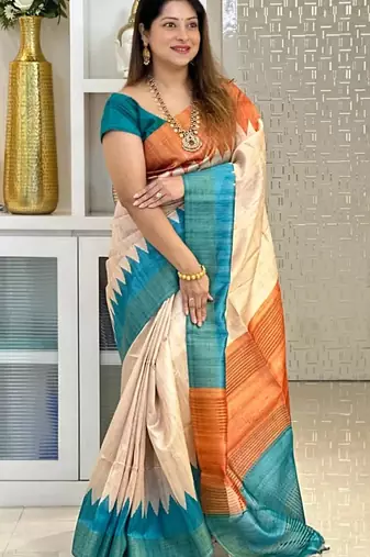 Soft tussar silk sarees with beautiful digital print attractive checks design saree  with tassels