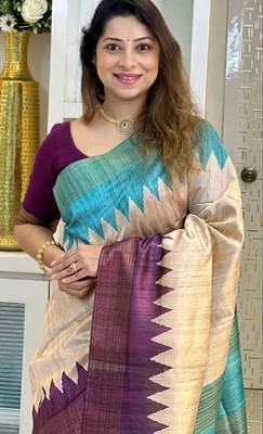 Soft tussar silk sarees with beautiful digital print attractive checks design saree  with tassels 4