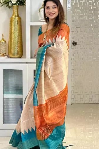 Soft tussar silk sarees with beautiful digital print attractive checks design saree  with tassels