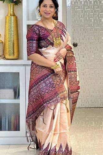 Soft tussar silk sarees with beautiful digital print attractive checks design saree  with tassels