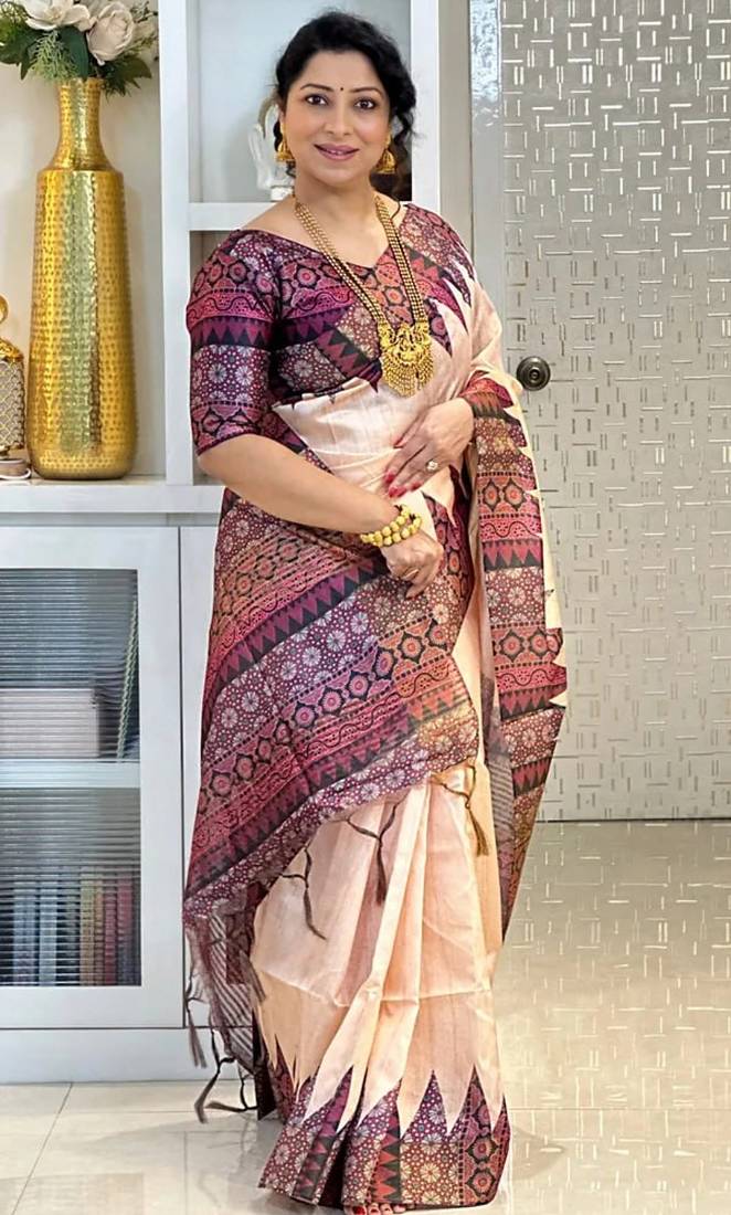 Soft tussar silk sarees with beautiful digital print attractive checks design saree  with tassels