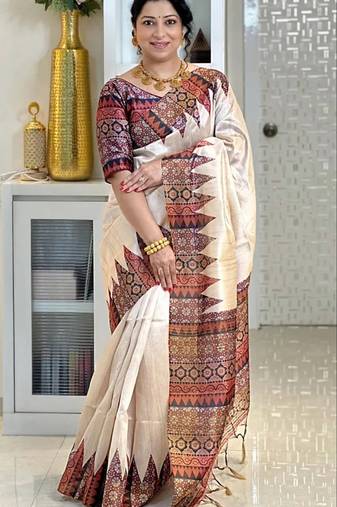 Soft tussar silk sarees with beautiful digital print attractive checks design saree  with tassels