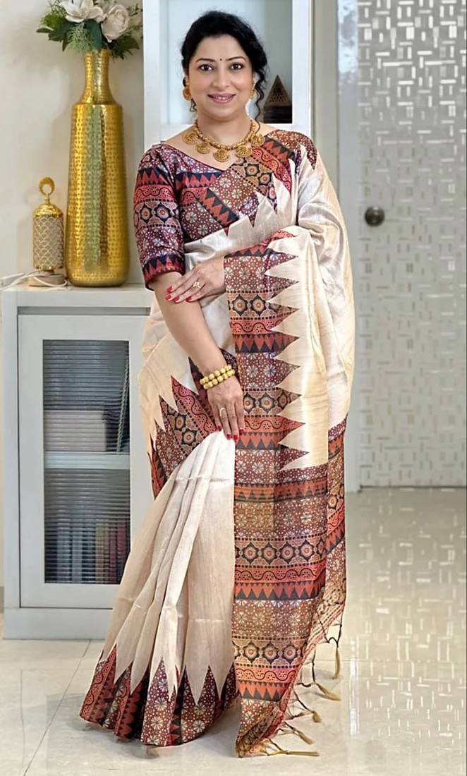 Soft tussar silk sarees with beautiful digital print attractive checks design saree  with tassels