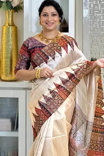 Soft tussar silk sarees with beautiful digital print attractive checks design saree  with tassels