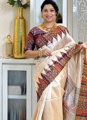 Soft tussar silk sarees with beautiful digital print attractive checks design saree  with tassels 4