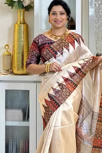 Soft tussar silk sarees with beautiful digital print attractive checks design saree  with tassels