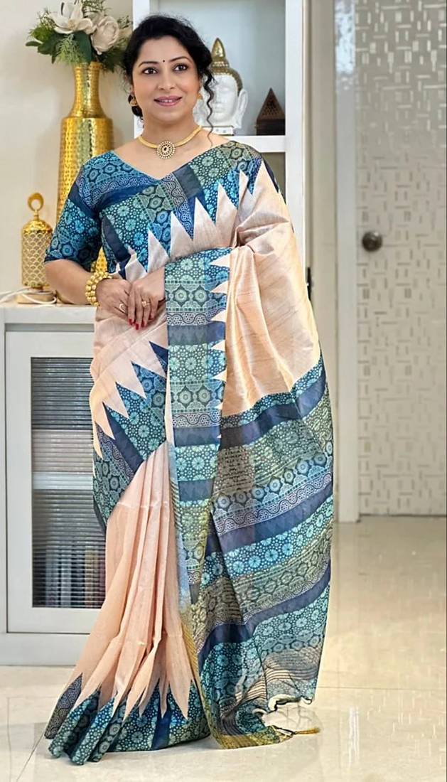 Soft tussar silk sarees with beautiful digital print attractive checks design saree  with tassels