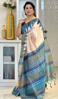 Soft tussar silk sarees with beautiful digital print attractive checks design saree  with tassels 2