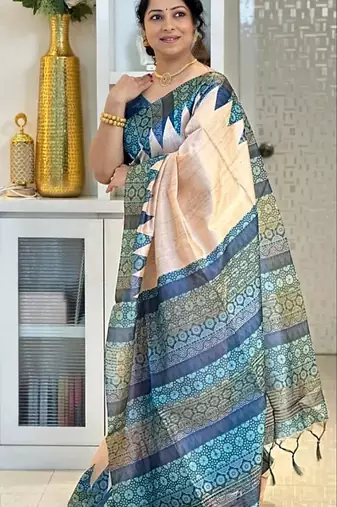 Soft tussar silk sarees with beautiful digital print attractive checks design saree  with tassels