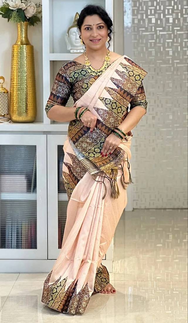 Soft tussar silk sarees with beautiful digital print attractive checks design saree  with tassels