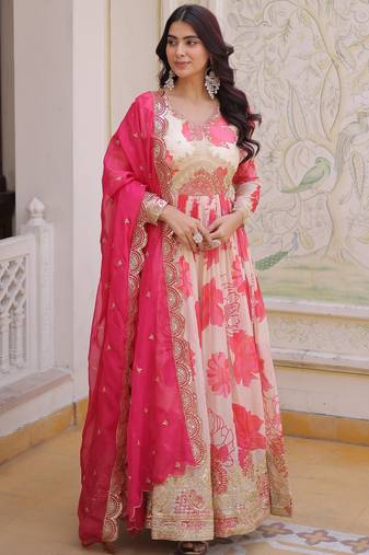 Beautiful Cream Floral Printed Silk Engagement Wear Anarkali Gown