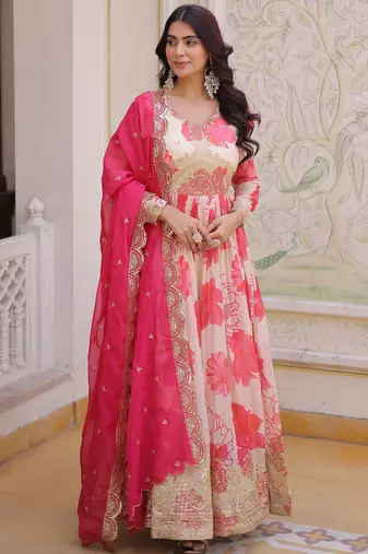 Beautiful Cream Floral Printed Silk Engagement Wear Anarkali Gown