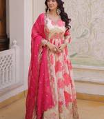 Beautiful Cream Floral Printed Silk Engagement Wear Anarkali Gown