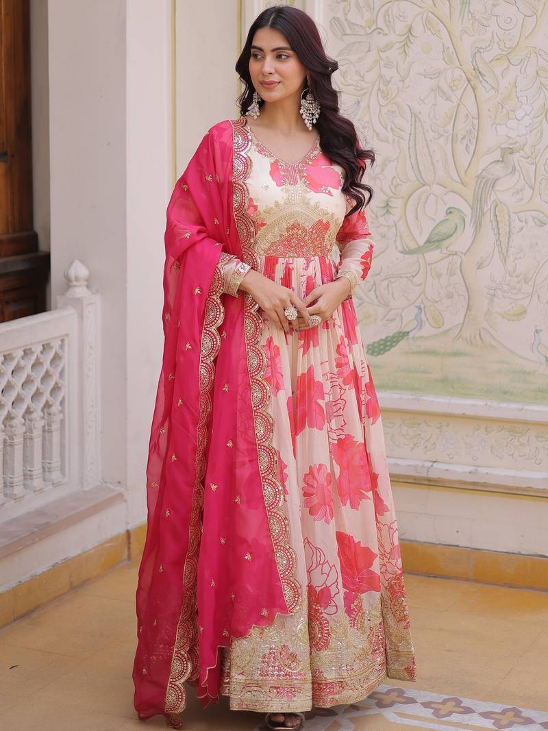 Beautiful Cream Floral Printed Silk Engagement Wear Anarkali Gown