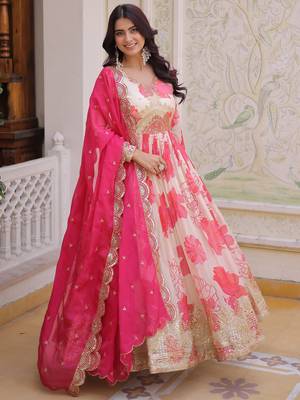 Beautiful Cream Floral Printed Silk Engagement Wear Anarkali Gown 3