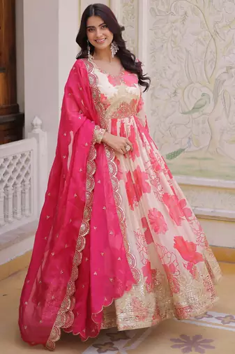 Beautiful Cream Floral Printed Silk Engagement Wear Anarkali Gown