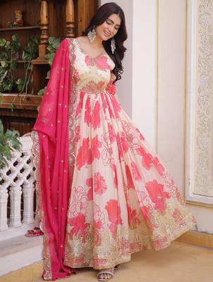 Beautiful Cream Floral Printed Silk Engagement Wear Anarkali Gown 4