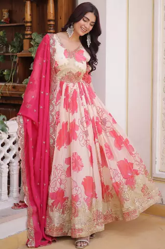 Beautiful Cream Floral Printed Silk Engagement Wear Anarkali Gown