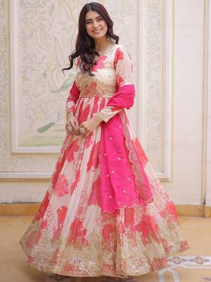 Beautiful Cream Floral Printed Silk Engagement Wear Anarkali Gown 5
