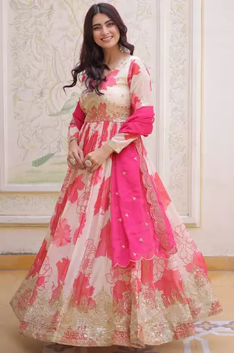 Beautiful Cream Floral Printed Silk Engagement Wear Anarkali Gown