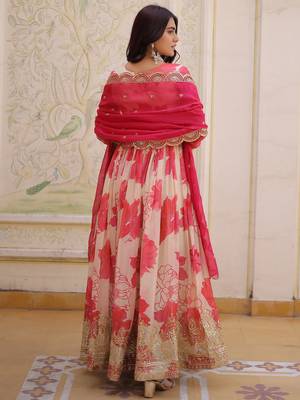 Beautiful Cream Floral Printed Silk Engagement Wear Anarkali Gown 6