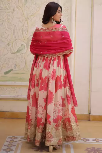 Beautiful Cream Floral Printed Silk Engagement Wear Anarkali Gown