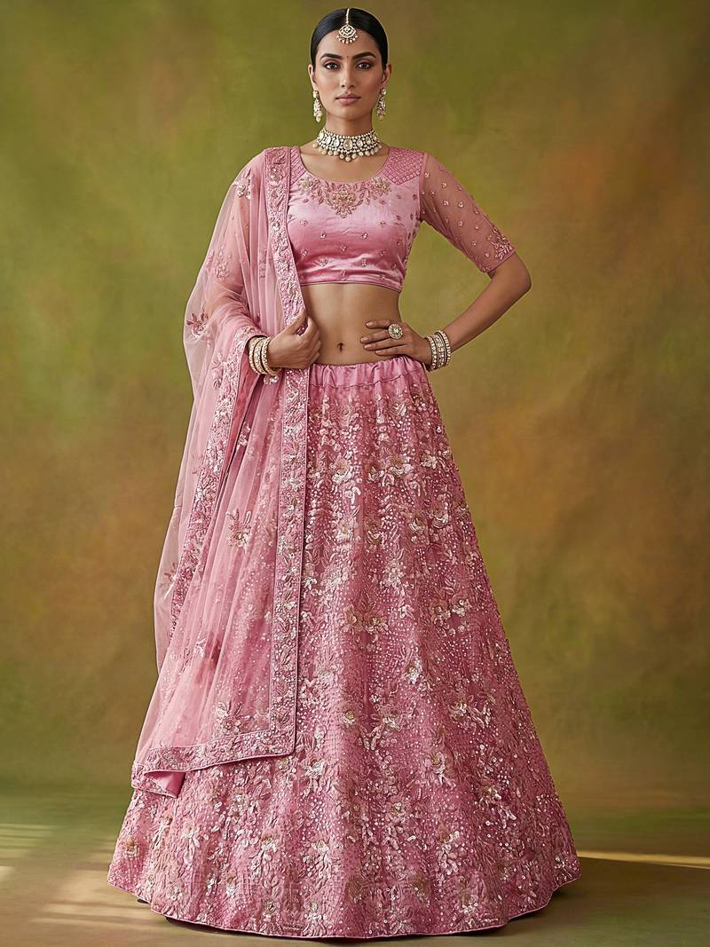 Captivating Pink Sequins Net Bridesmaid Lehenga Choli With Dupatta